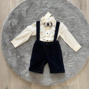 Completo elegante con bretelle e papillon Bianco e blu navy